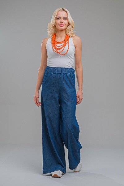 Bold & Young Жіночі індигові кольорові широкі штани з кишенями та еластичним поясом