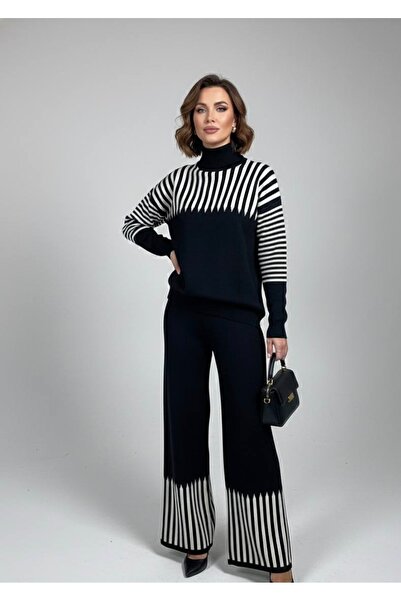 YusGos Women's Arm and Leg Striped Detail Piece Top Bottom Pants Sweater Knitwear Set