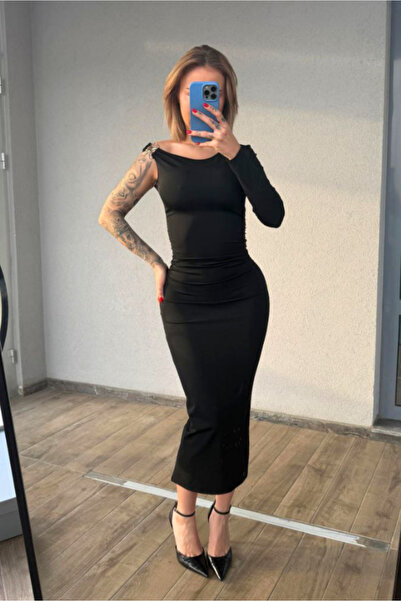 Fav Style Women's Asymmetrical Neckline One Sleeve Shirred Long Dress Black