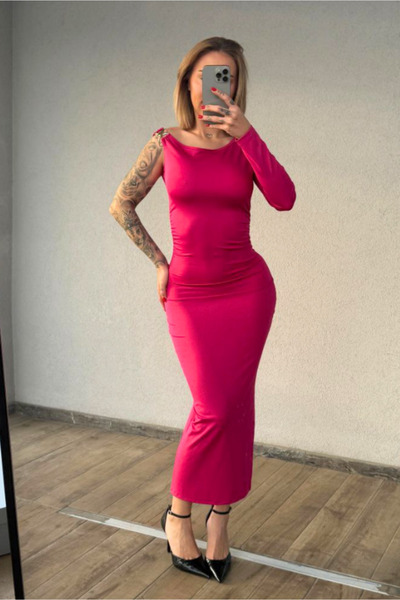 Fav Style Women's Asymmetrical Neck One Sleeve Gathered Long Dress Fuchsia