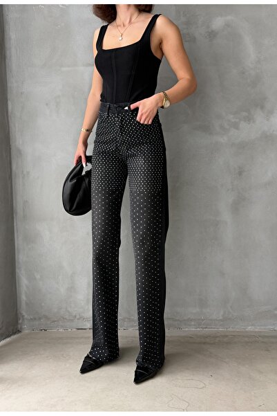 Bluezoni Pantaloni de blugi pentru femei, de culoare neagră, cu piatră strălu...