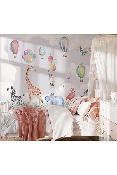 Ayzun 315 x 200 Tek Parça Premium Kumaş Tekstil - Safari Hayvanları Zürafa Zebra Gergedan Flamingo Çocuk O