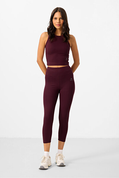 TOMMY LIFE Bordo Yüksek Bel Kapri-Crop Atlet Slim Fit Kadın Tayt Takım - 95284