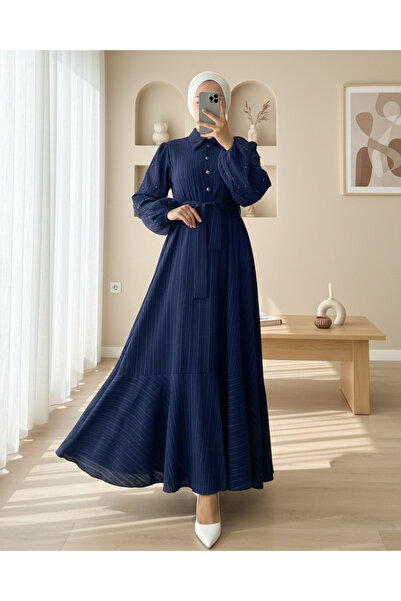 Modamorfo Fusta cu mâneci balon cu perle, rochie cu jumătate de nasturi - ble...