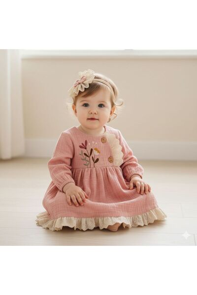 MİNİBORN فستان بناتي من القطن مكون من قطعتين مع تطريز زهور وتفاصيل دانتيل