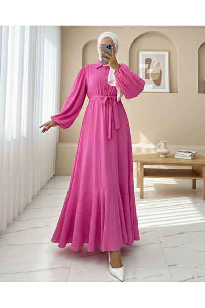 Modamorfo İnci Detaylı Balon Kol Eteği Volanlı Yarım Düğmeli Krınkıl Elbise-P...