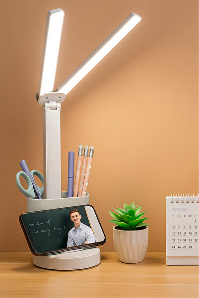 Telvesse Şarjlı Masa Lambası Çift Geniş Kafa Dimmerli Kalemlikli Telefon Standlı Ders Çalışma Işığı 0606-1