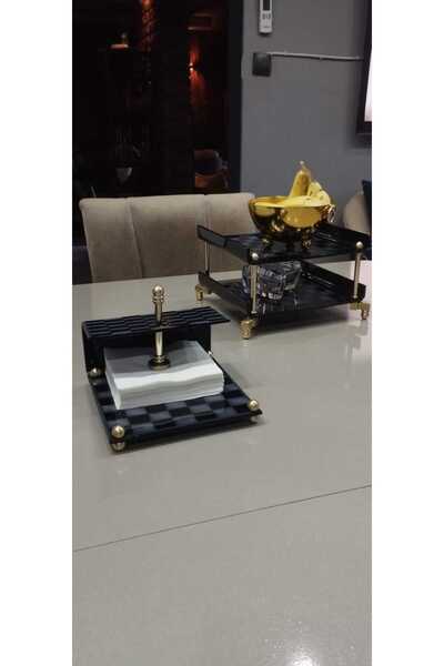 innossa pleksi dekorasyon Serviette Holder with Checkered Pattern and Shiny Gold Brass Accessories