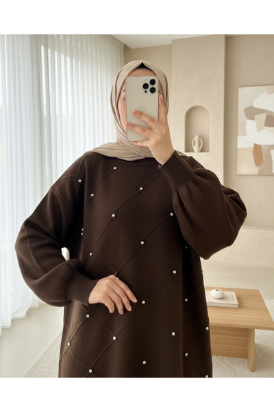 Modamorfo تونيك تريكو مربع الشكل بتفاصيل حجرية - بني