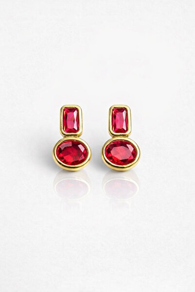 HOUSEKİ Frame Ruby Flame Gold Renk Geometrik Kırmızı Taşlı Küpe