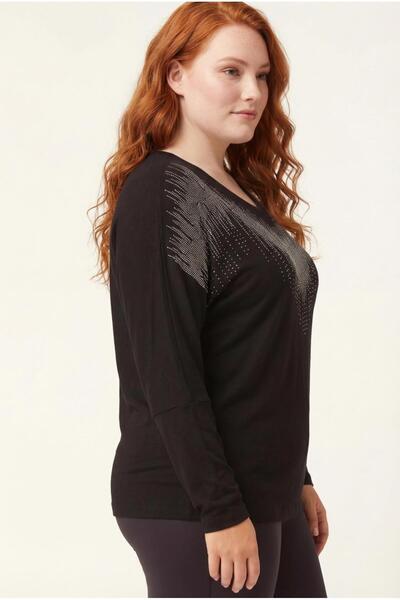 Ebsumu Women's Plus Size Collar Gray Stone Embroidered Black Blouse