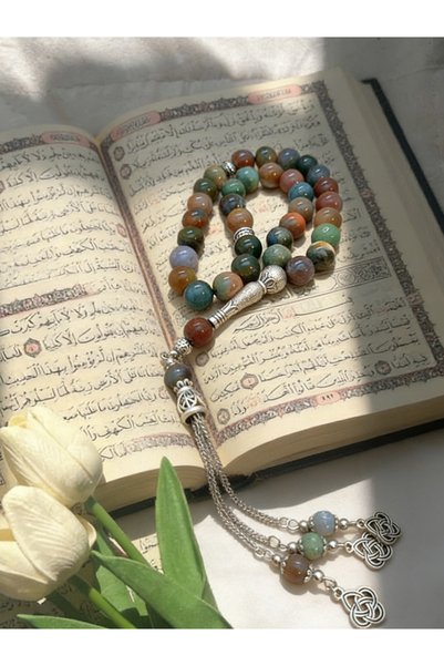 MAJOOD مسبحة من العقيق الطبيعي متعدد الألوان، 33 حبة، 10 مم