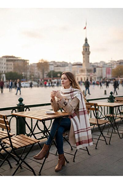 la_hatun Omuz Şalı Beyaz Üstüne Kırmızı Bordo Çizgili Soğuktan Korur Yerli Ür...