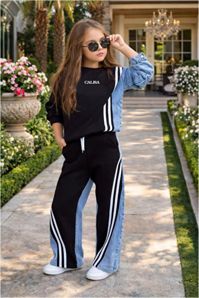 Calisa جينز فاخر للفتيات بقطع قماش مخيطة معاً طقم أنيق مكون من قطعتين |   مجموعة العيد