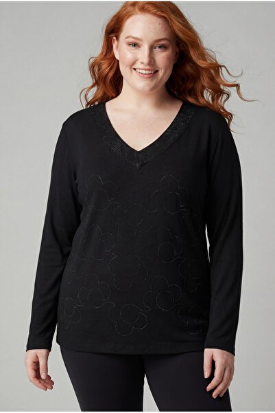 Ebsumu Bluză neagră cu imprimeu cu piatră, cu model de flori, mărime Plus