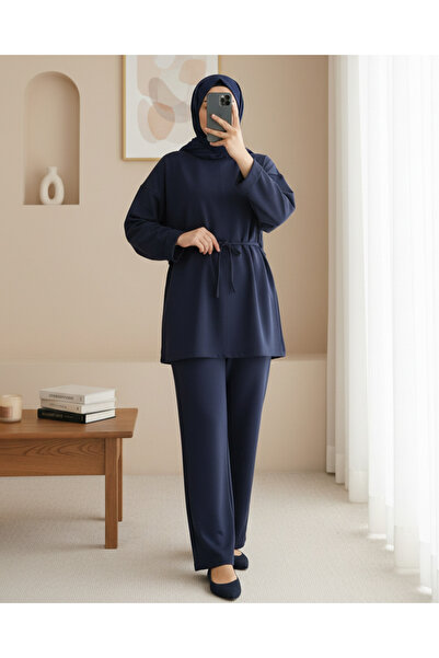 Modamorfo Kolu Katlı Beli Bağlamalı Yırtmaçlı Kompakt Penye Tunik -Laci