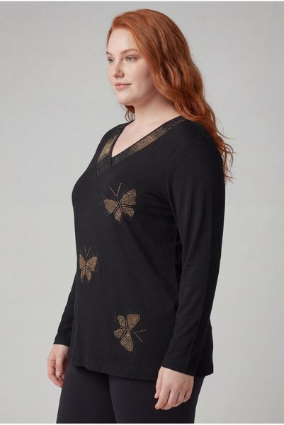 Ebsumu Women's Plus Size Butterfly Gold Stone Printed Black Blouse