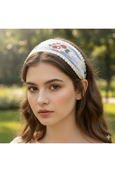 burjalmodah طوق شعر تول عريض بتطريز ورد.