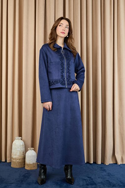 Puane Γυναικείο Κοστούμι Σκουμπάκι με φερμουάρ και λεπτομέρεια κεντήματος - 14396TKM - NAVY