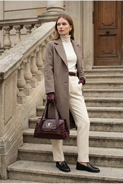 VOSTRO %100 Hakiki Deri Kadın Bordo Timsah El ve Omuz Çantası - El Yapımı İta...