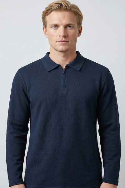 GW Komrat Men's Regular Fit Polo Neck Zippered Textured Jacquard Knit Sweater - Navy Blue