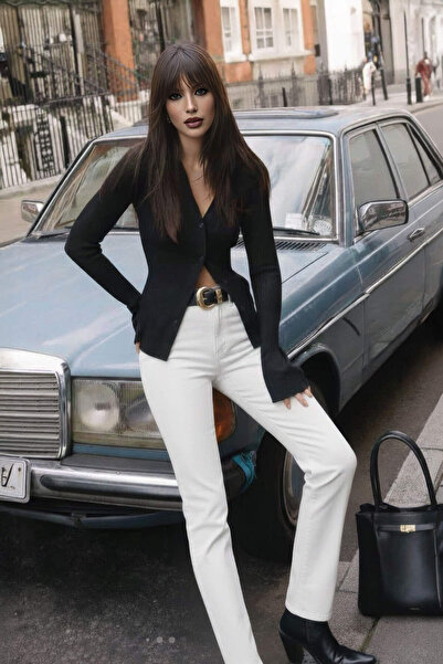 Bluewhite بنطلون جينز أبيض عالي الخصر قصة ضيقة للسيدات