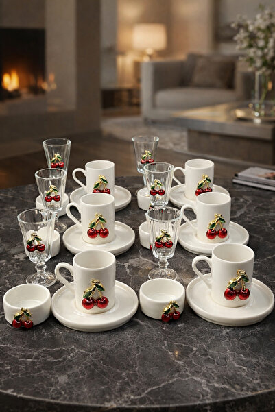 YzHome 24 Parça 6 Kişilik Cam Kirazlı Kiraz Fincan Takımı Seti Lokumluk Kahve Yanı Bardak