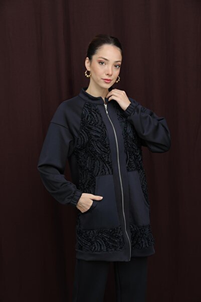 Puane Women's Lace Detailed Zippered Suit with High Neck - 14387Tks - Navy