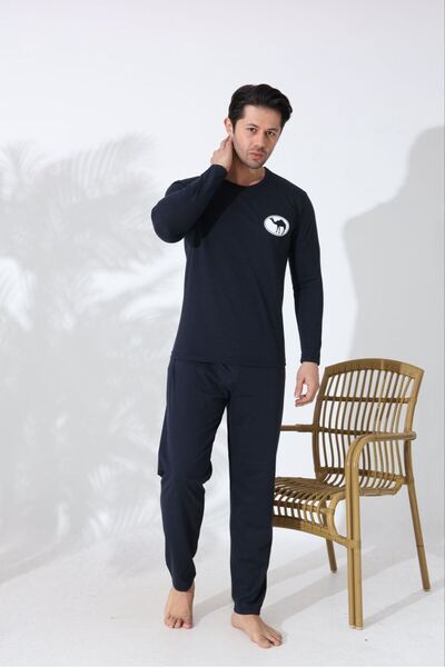 Huq Moda Erkek Lacivert Uzun Kollu Pijama Takımı Deve Baskılı Rahat Kalıp Ev Giyim