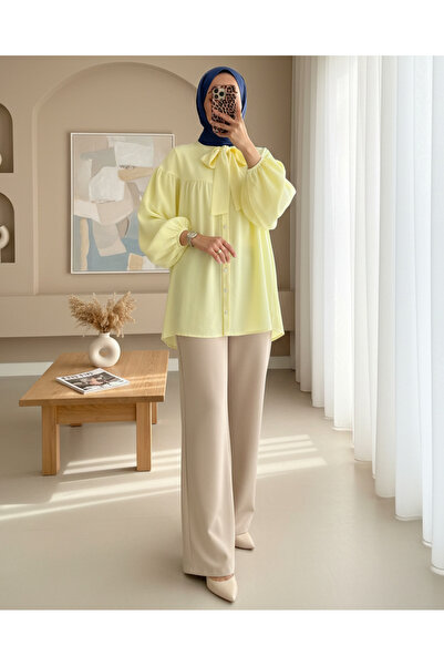 Modamorfo Yakası Fiyonk Detaylı Kolu Lastikli Düğmeli Keten Tunik -Açık Sarı