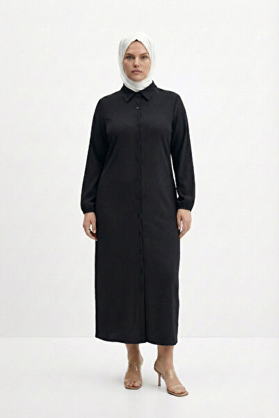 Genel Markalar Bürümcük Kumaş Gömlek Yaka Boydan Düğmeli Uzun Elbise Tesettüre Uygun 2XL 6XL