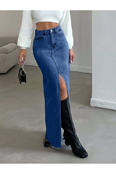 MARLİX تنورة جينز طويلة باللون الأزرق مقاس قماش قابل للتمدد شق ضيقة وطويلة وع...