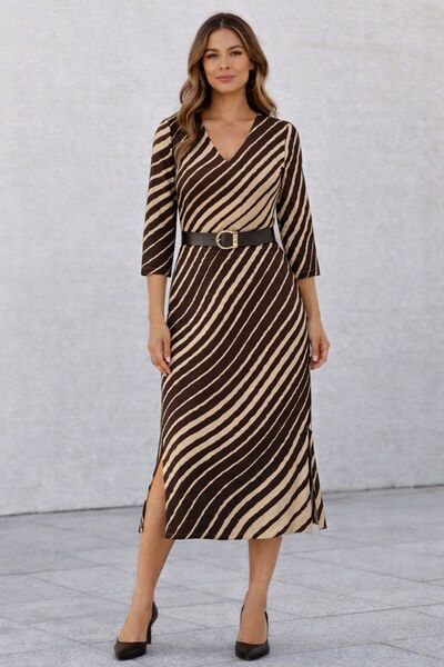 codemark DESENLİ V YAKA YIRTMAÇLI KEMERLİ ELBİSE