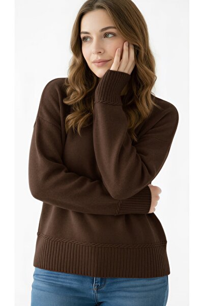 Wearified Kadın Triko Yumuşacık Oversize Bisiklet Yaka Ribana Saç Örgü Detayl...