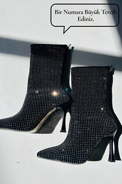 yezy shoes Gri cu pietre aplicate Cizme de damă cu toc înalt Negru