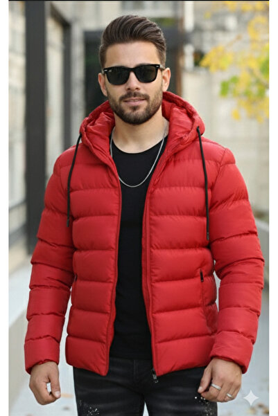 river green Erkek Kırmızı Astarlı Su Ve Rüzgar Geçirmez Kapüşonlu Kışlık Şişm...