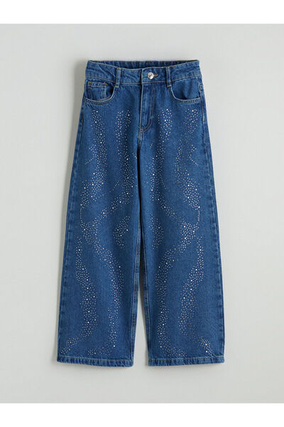 LC Waikiki Lcw Kids Indigo Wideleg Stoned Girls' Jean Pants with Nevavm Diffe...