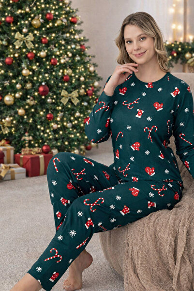 lindros pijama takımı yeşil noel desenli şık pijama takımı dokusu ve rahatlığ...