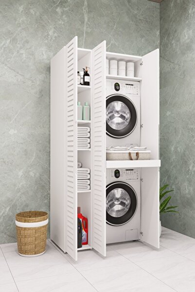 DEMİRBAL MOBİLYA Mdf Çamaşır Makinesi ve Kurutma Makinesi Dolabı kapaklı çekmeceli lake panjur kapak