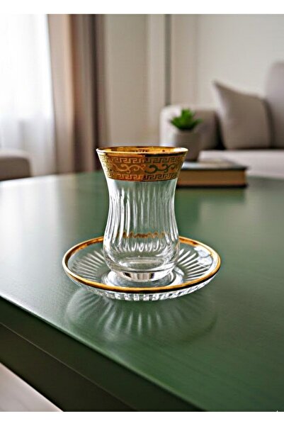 DECOSTYLE AJDA Pasabahce طقم شاي مكون من 12 قطعة مع طبق زجاجي مزخرف بالذهب والمذهب