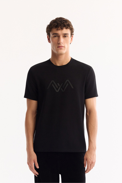 Avva Erkek Siyah Bisiklet Yaka Viskon Karışımlı Bi-Stretch Baskılı Regular Fit T-Shirt A52Y1016