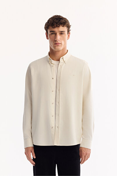 Avva Erkek Ekru Düğmeli Yaka %100 Pamuk Soft Touch Regular Fit Gömlek A52Y2042