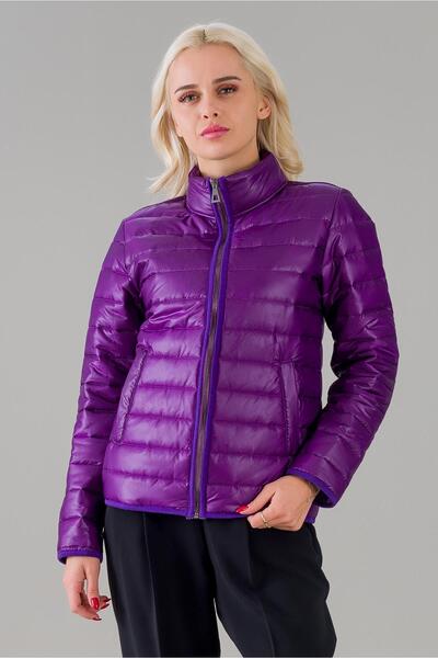 Bold & Young Women's Mock Neck Flato Pocket Waterproof Silicone Fiber Inflatable Mock Neck Coat Purple