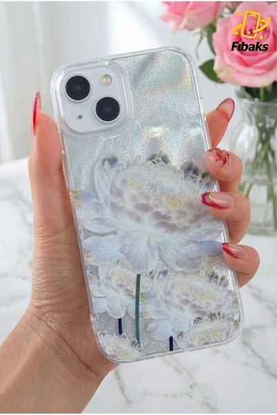 Fibaks Iphone 13/14/15 case holographic white peony flower pattern shock absorbing camera protected silicone