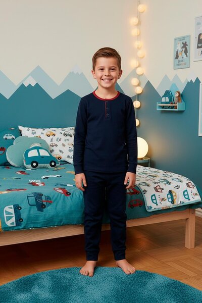Kompedan Erkek Çocuk Pamuklu İnterlok Bisiklet Yaka Pijama Takımı | Lacivert 200