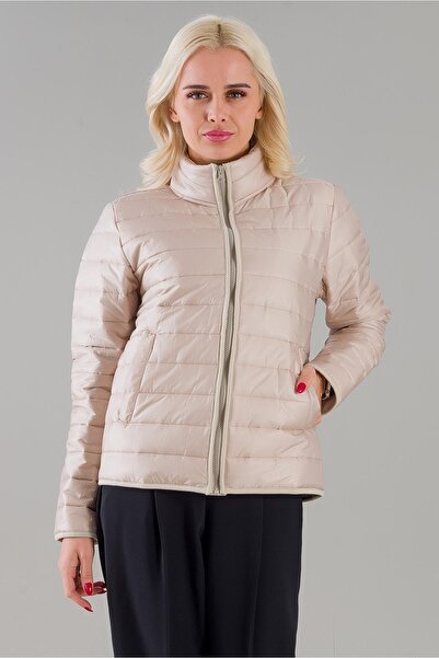 Bold & Young Women's Mock Neck Flato Pocket Waterproof Silicone Fiber Inflatable Mock Neck Coat Beige