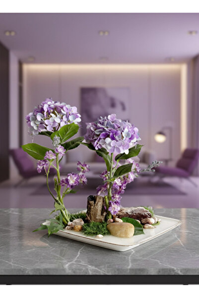 Flower Lüks Yapay Ortanca Aranjmanı | Doğal Kayaç ve Taş Detaylı Ev Dekoru