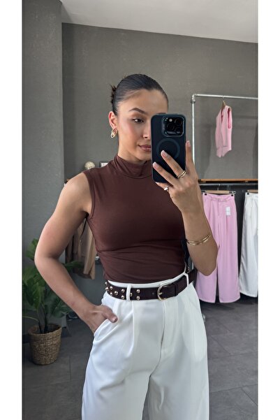 YOUR NAME Γυναικεία μακριά μπλούζα με μισό ζιβάγκο αμάνικη καφέ