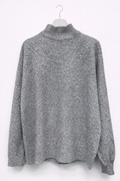 günay boutıque Sim Stripe and Sequin Detailed Half-Hooded Sweater -Gray