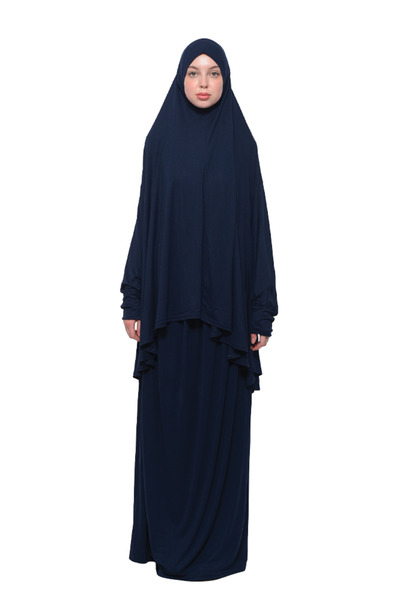 Altobeh Πρακτικό φόρεμα προσευχής δύο τεμαχίων βαμβακερό μανίκι νυχτερίδας με μαντίλα βιολογικό χιτζάμπ-σκούρο μπλε ναυτικό